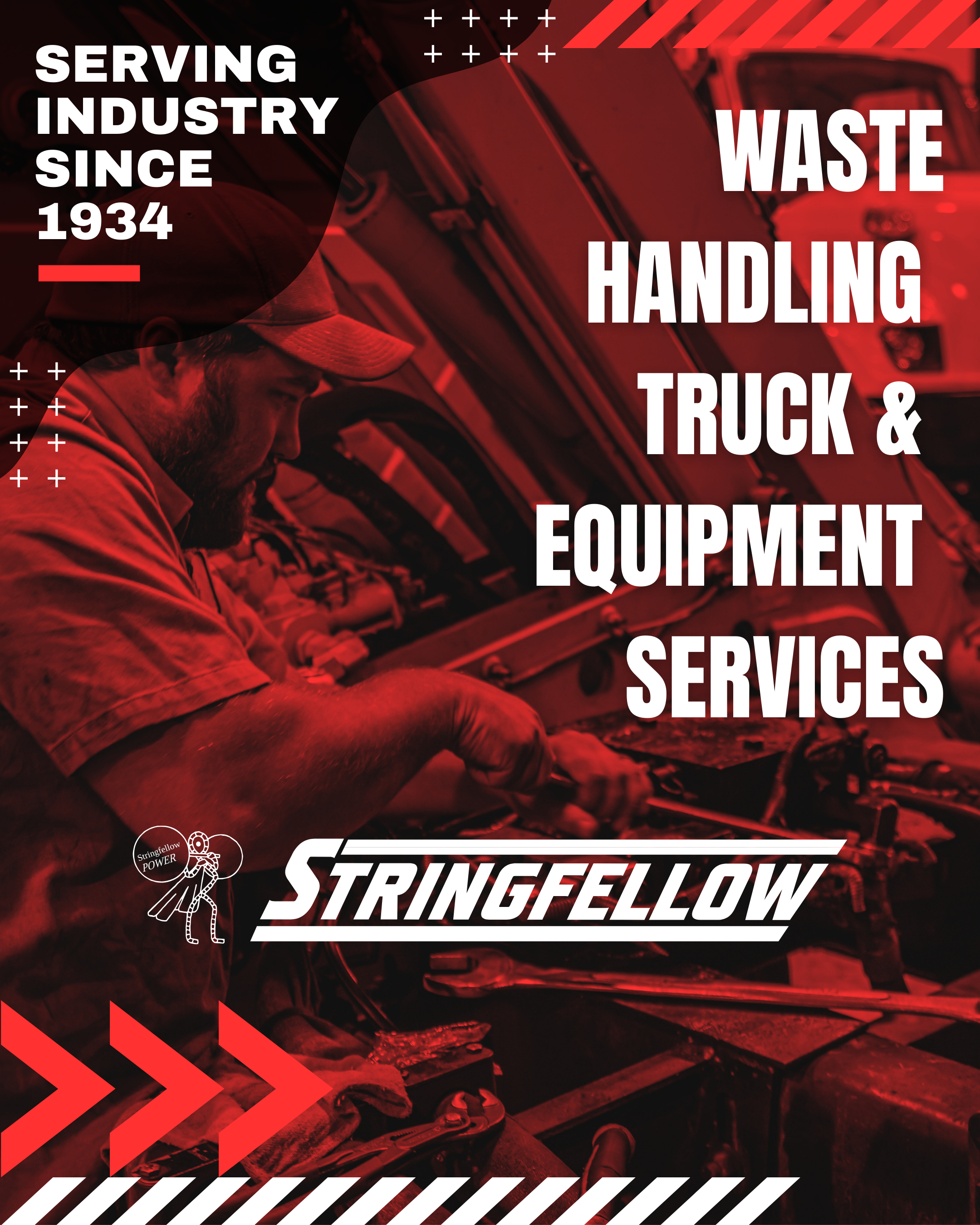 A worker in a cap and gloves working on a truck engine, with overlaid red tint and white text promoting Stringfellow's waste handling truck and equipment services since 1934.