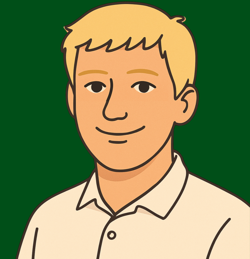 Cartoon illustration of a smiling man with blond hair, wearing a white collared shirt against a dark green background.