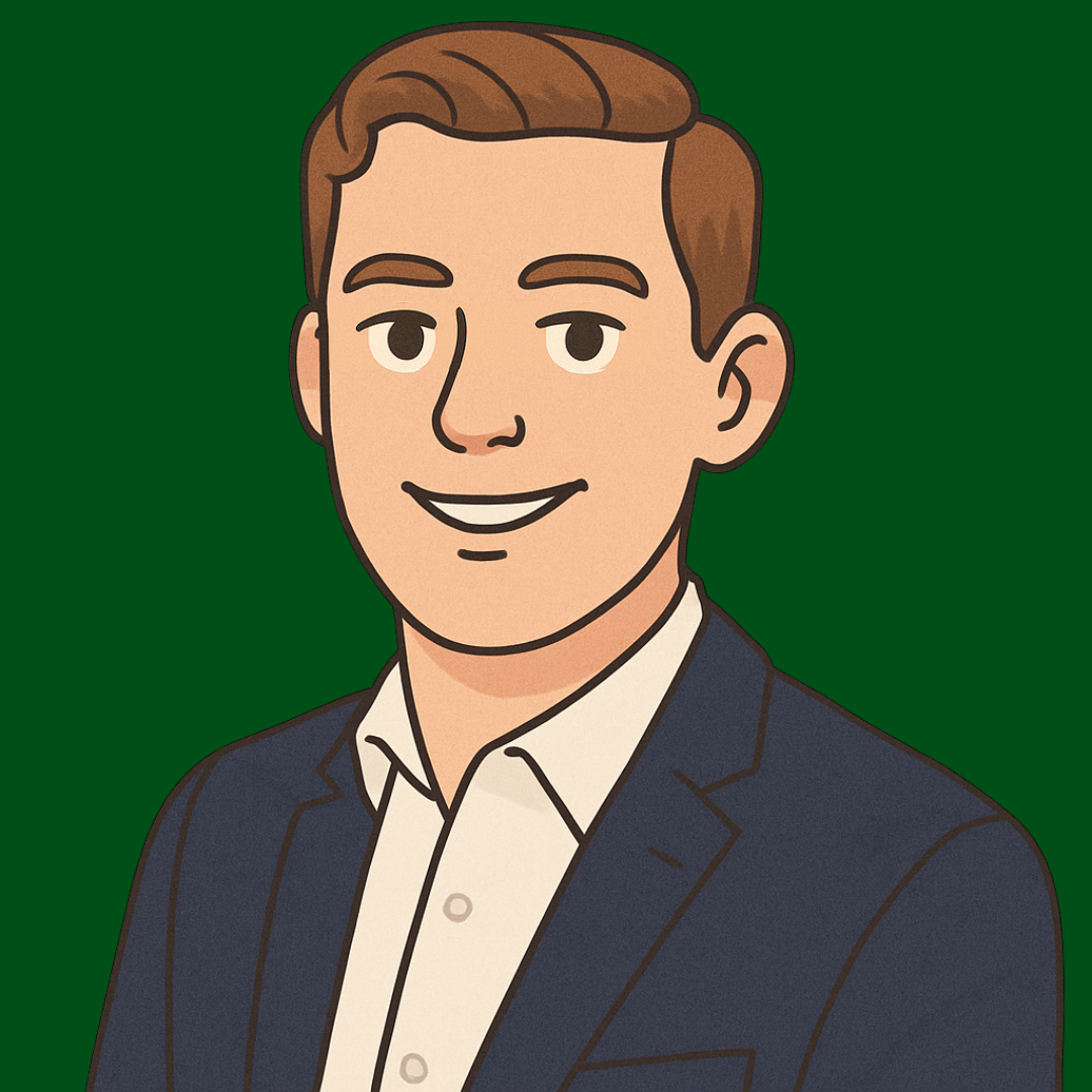 A cartoon illustration of a smiling man with brown hair, wearing a dark blue suit jacket and white shirt, set against a green background.