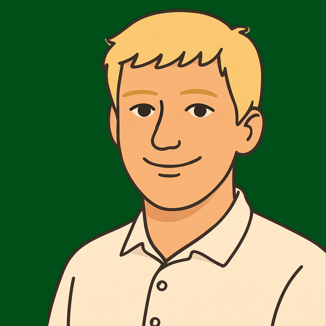 Animated illustration of a young man with blonde hair, light skin, wearing a cream-colored button-up shirt, smiling against a dark green background.