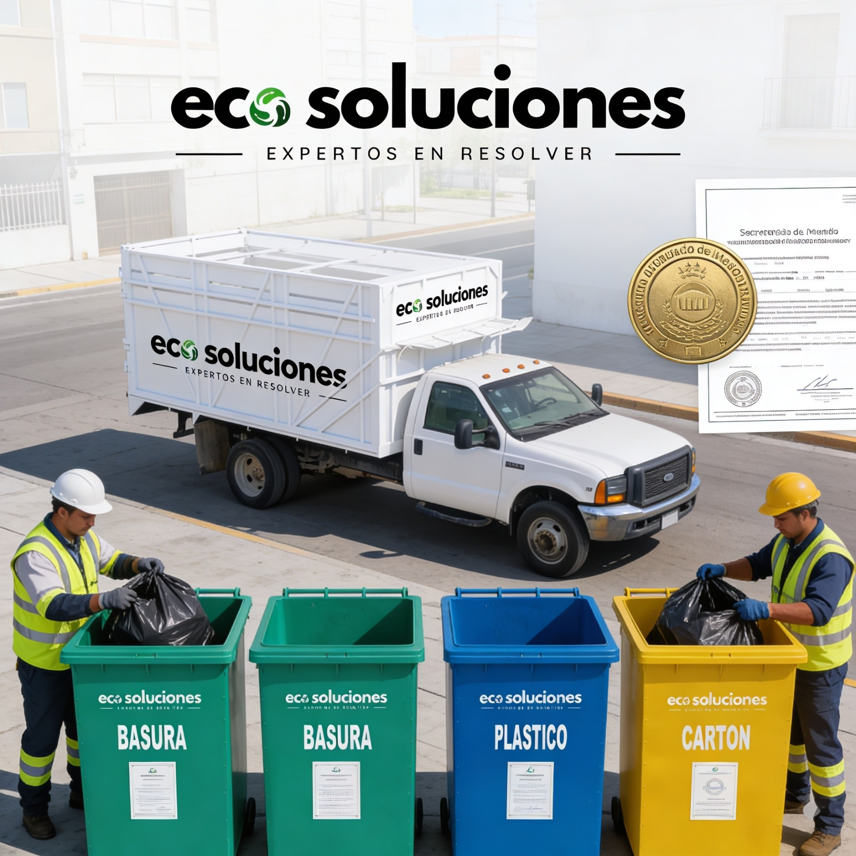 Camiones con logotipo de eco soluciones y vehículos de trabajo en una calle urbana, y ocho cubos de basura diferenciados por color y tipo de residuo, con trabajadores en uniforme de seguridad manejando basura y plástico.
