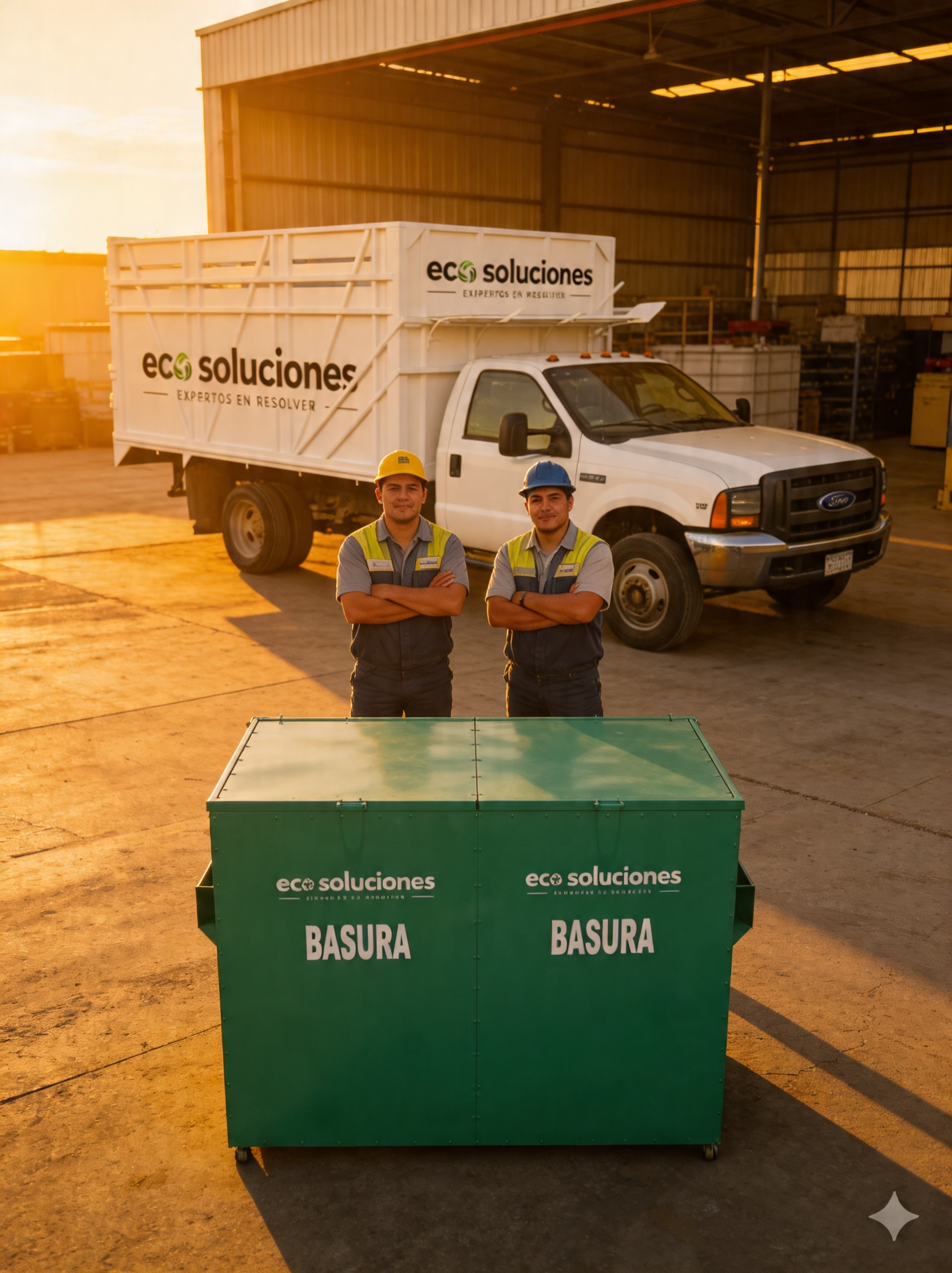 Dos trabajadores frente a un bote de basura verde con la inscripción 'eco soluciones', en una planta industrial, al atardecer.