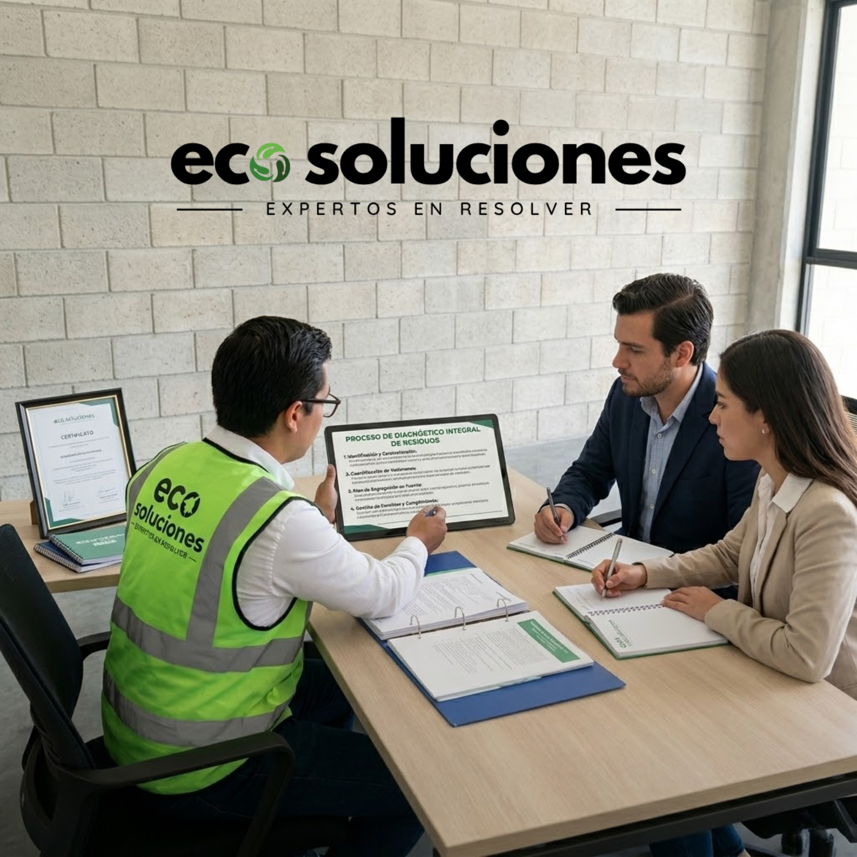 Reunión de tres personas en una oficina, una con chaleco protector de 'eco soluciones', discutiendo documentos y una pantalla con información académica. Contraste de paredes de bloques y ventana a la derecha.
