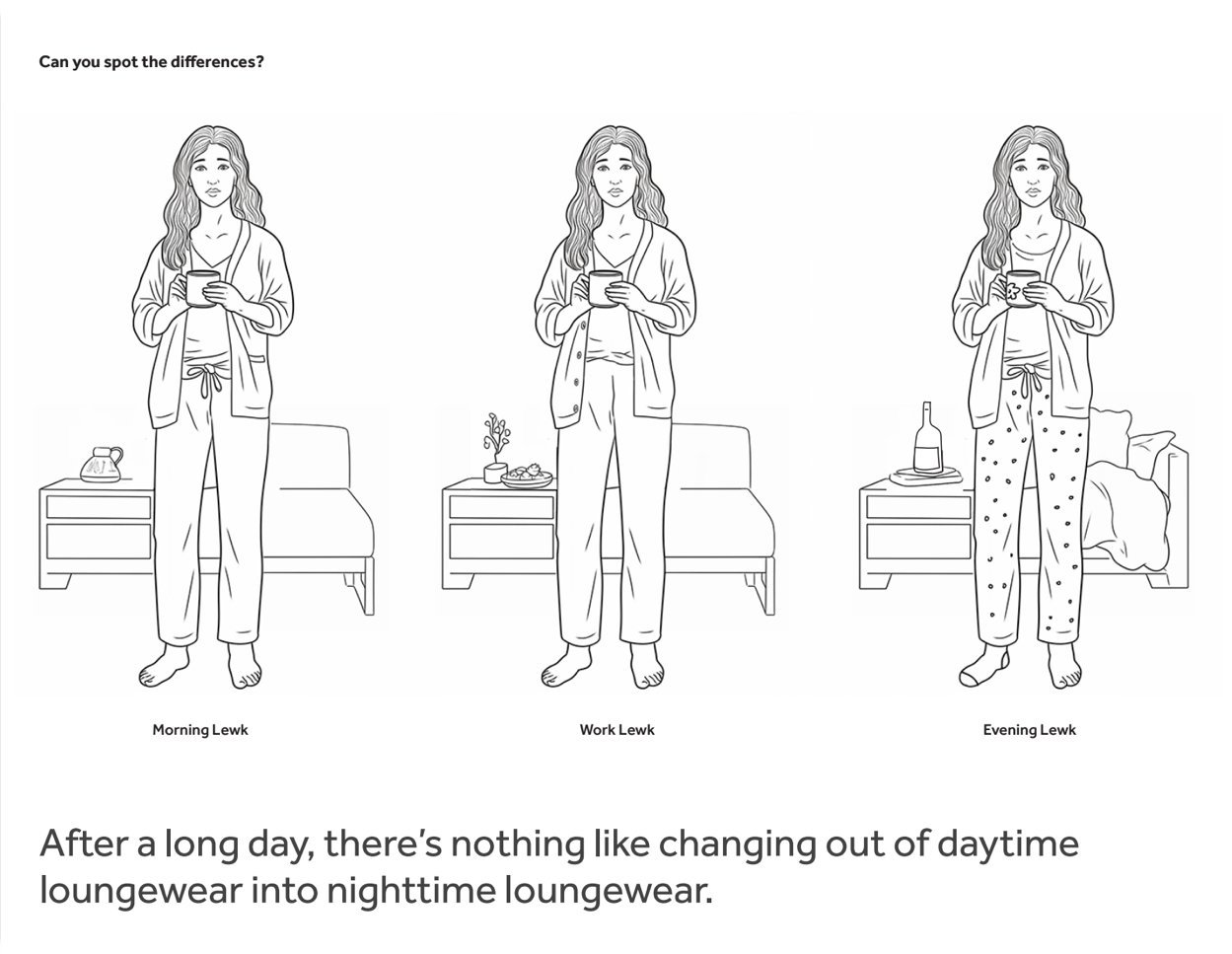 Line drawing of a woman showing three stages of her day: morning, work, and evening. She is holding a cup in each stage and wearing different pajamas. The background includes a bedside table with a teapot, a tray with food, and a bed, demonstrating h