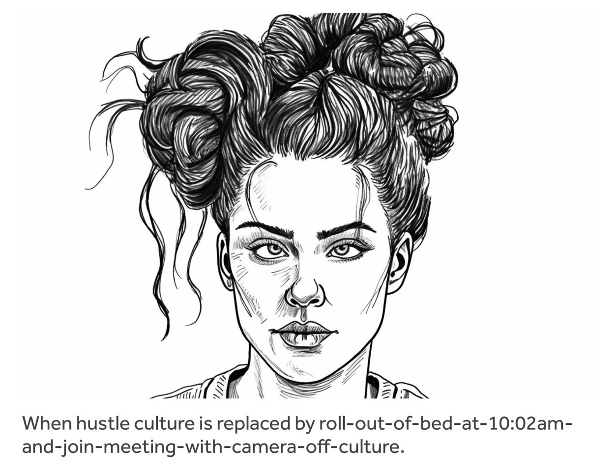 Black and white line drawing of a woman with curly hair styled in an updo, with bold eyebrows and full lips.