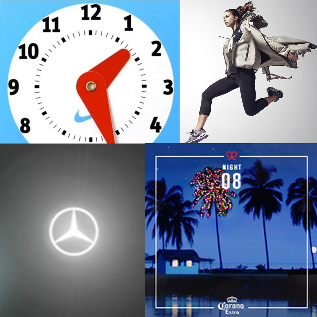 A collage of four images: a clock with Nike logo, a woman in athletic gear jumping, Mercedes-Benz logo, and a festive fireworks display over palm trees with a house and water in the background.