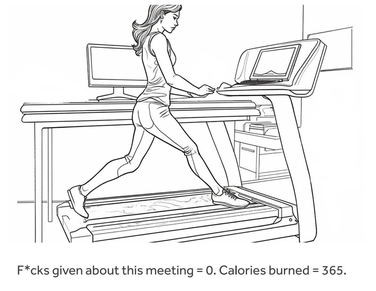 Line drawing of a woman running on a treadmill in an office setting, with a computer monitor and desk in the background.