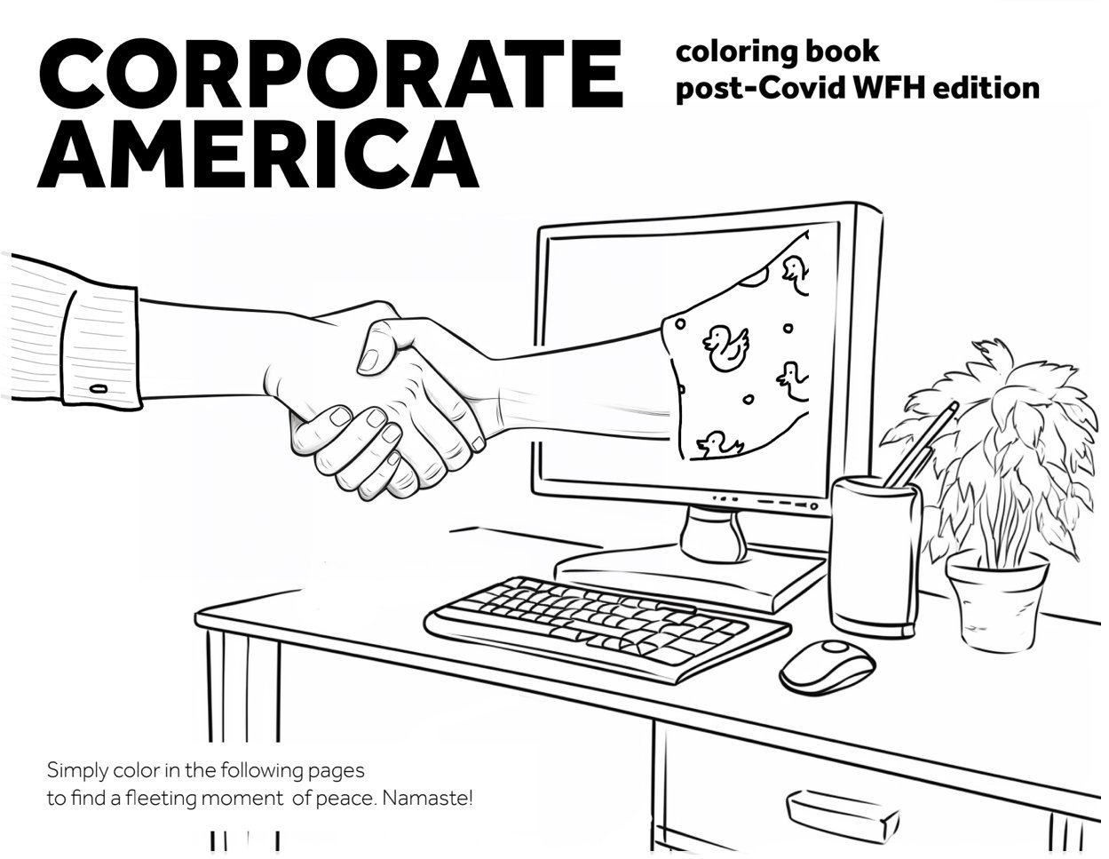 Line drawing of a computer desk with a monitor, keyboard, and mouse. The monitor shows a hand emerging from the screen, shaking hands with a person outside the screen. The desk has a plant, a cup with pencils, and a closed drawer. The image is a cove