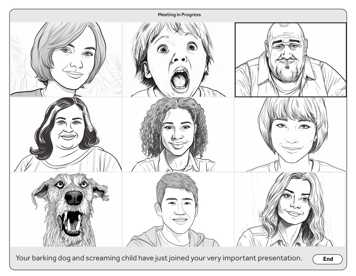 A comic-style illustration of nine diverse people and a dog in a meeting, with a caption about the dog and child joining the presentation.