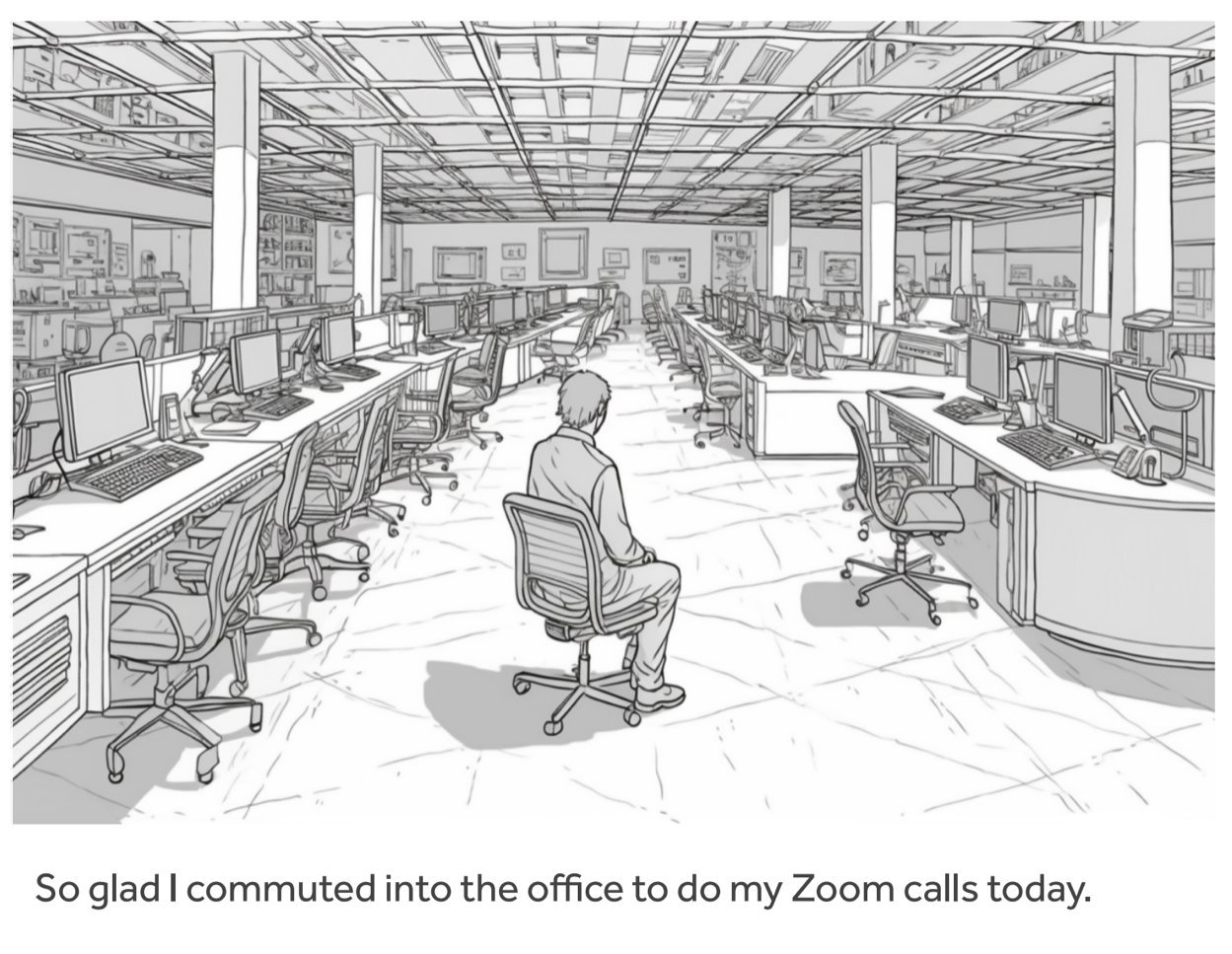 A person sitting alone in an office filled with rows of empty desks and computers, with the caption 'So glad I commuted into the office to do my Zoom calls today.'