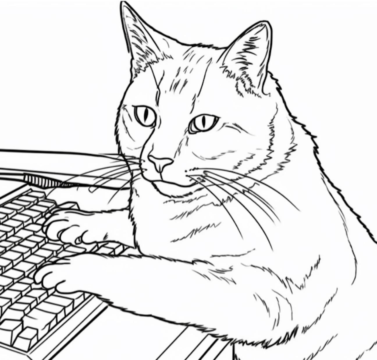 Black and white line drawing of a cat sitting at a keyboard, typing.