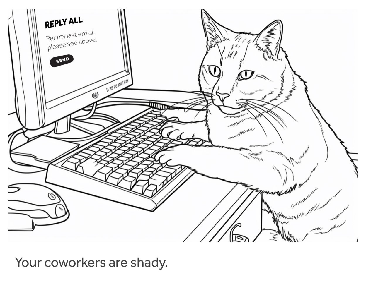 Line drawing of a cat sitting at a computer keyboard, looking at the monitor that says "REPLY ALL" and has a button labeled "SEND." The caption reads "Your coworkers are shady."