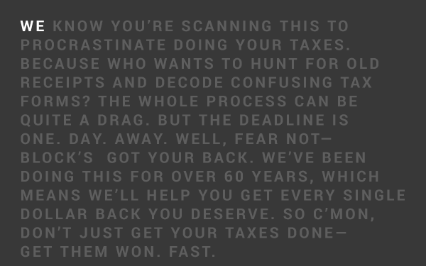 A black background with white text encouraging people to file their taxes on time.
