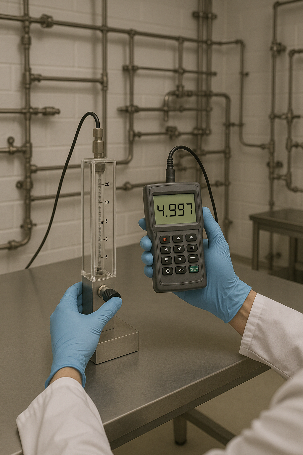 A scientist wearing blue gloves and a white lab coat is measuring a liquid in a graduated cylinder with a handheld device displaying a reading of 4.997. The background shows a laboratory with white brick walls and exposed pipes.