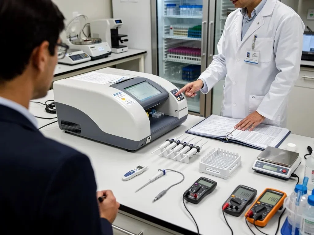 Accreditation inspection with man in suit assessing the man in the white labe coat with pippettes and calibration tools on table