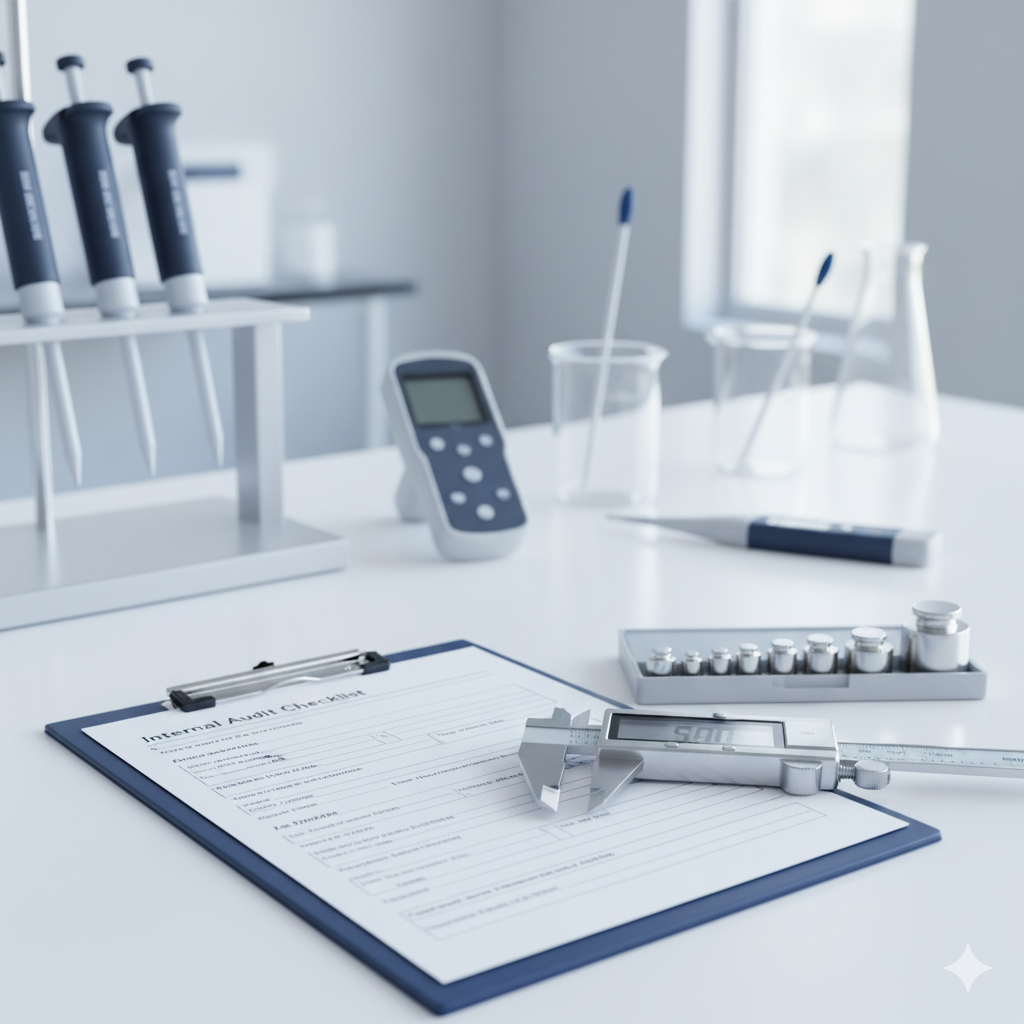 Medical laboratory table with test tubes, a digital caliper, alcohol swabs, a clipboard with an internal audit checklist, and a glucometer, near a window.
