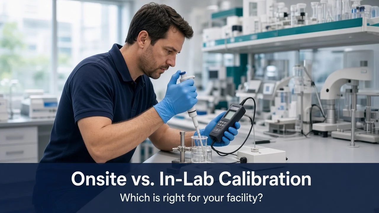Technician performing onsite calibration services for labs, calibrating a pipette with a digital temperature probe in a clinical research lab