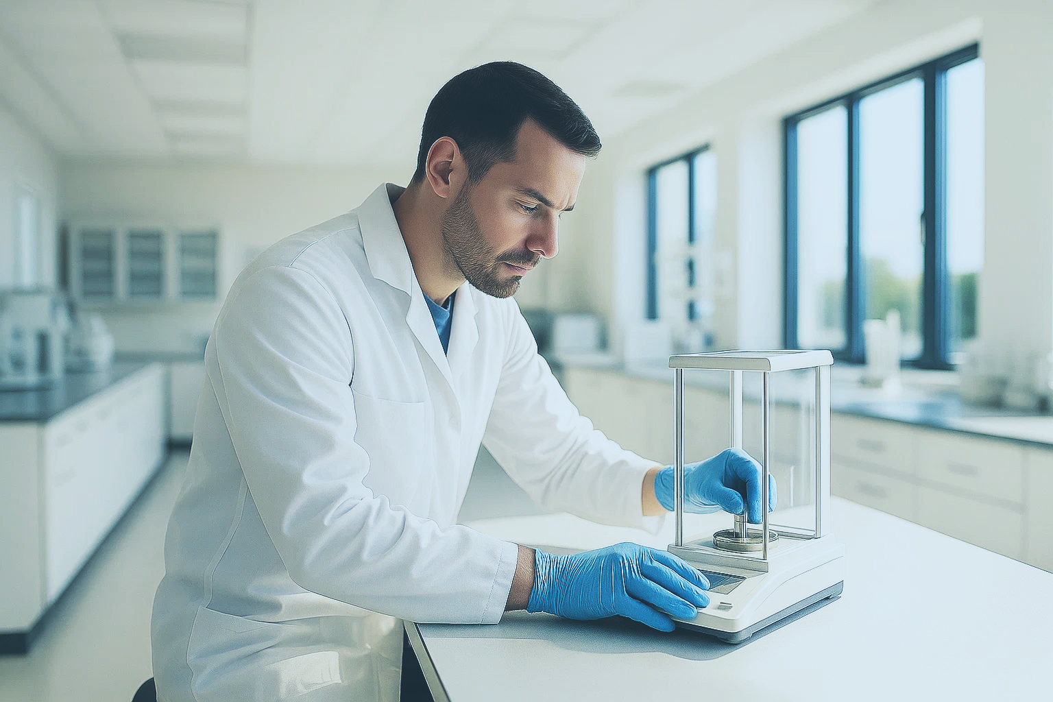 A male scientist in a laboratory, wearing a white lab coat and blue gloves, carefully weighing an object on a precision scale.