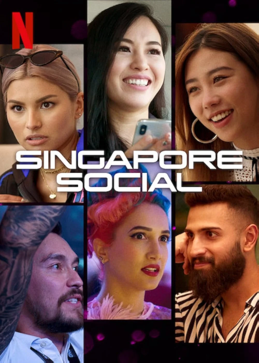 Promotion poster for Netflix's 'Singapore Social' featuring a collage of six diverse young people smiling and engaging with their phones, with the Netflix logo at the top left corner.