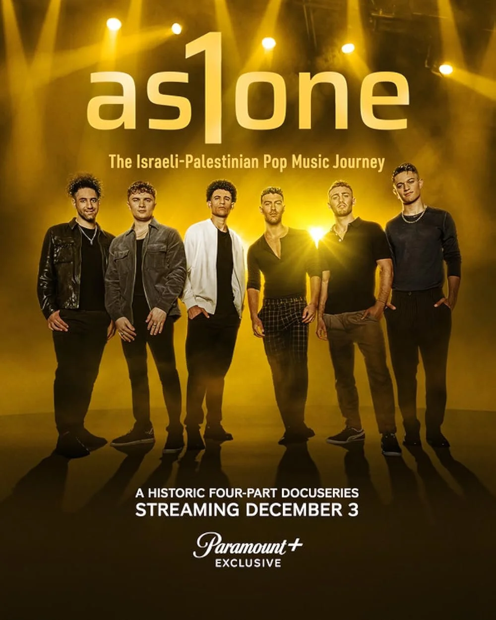 Promotional poster for 'As One: The Israeli-Palestinian Pop Music Journey' with six young men standing in a line under yellow spotlight, featuring event details and Paramount+ logo.
