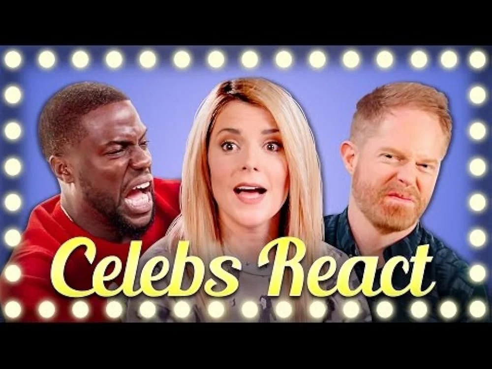 Thumbnail image with three people reacting emotionally, with the text 'Celebs React' in yellow, surrounded by bright light bulbs.