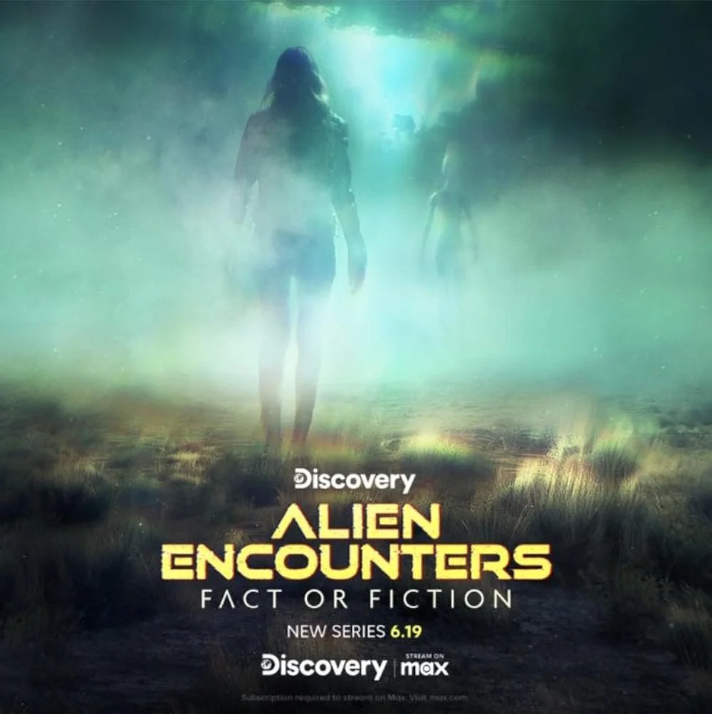 Silhouette of a woman walking towards a glowing green light in a foggy field. Faint figures appear in the background. Text promoting a Discovery series titled 'Alien Encounters: Fact or Fiction,' premiering on June 19, available on Max.
