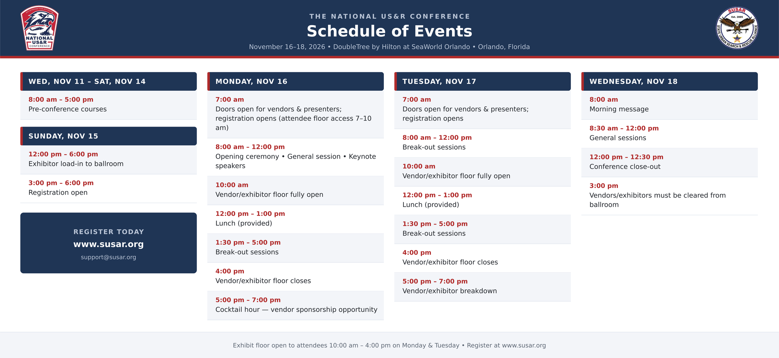 Schedule of Events for the National US&R Conference, held November 16-18, 2026, at the DoubleTree by Hilton, SeaWorld Orlando, Florida. Includes dates, times, and activities such as pre-conference courses, opening ceremonies, session times, breaks, lunch, exhibitor load-in, and vendor floor closing.