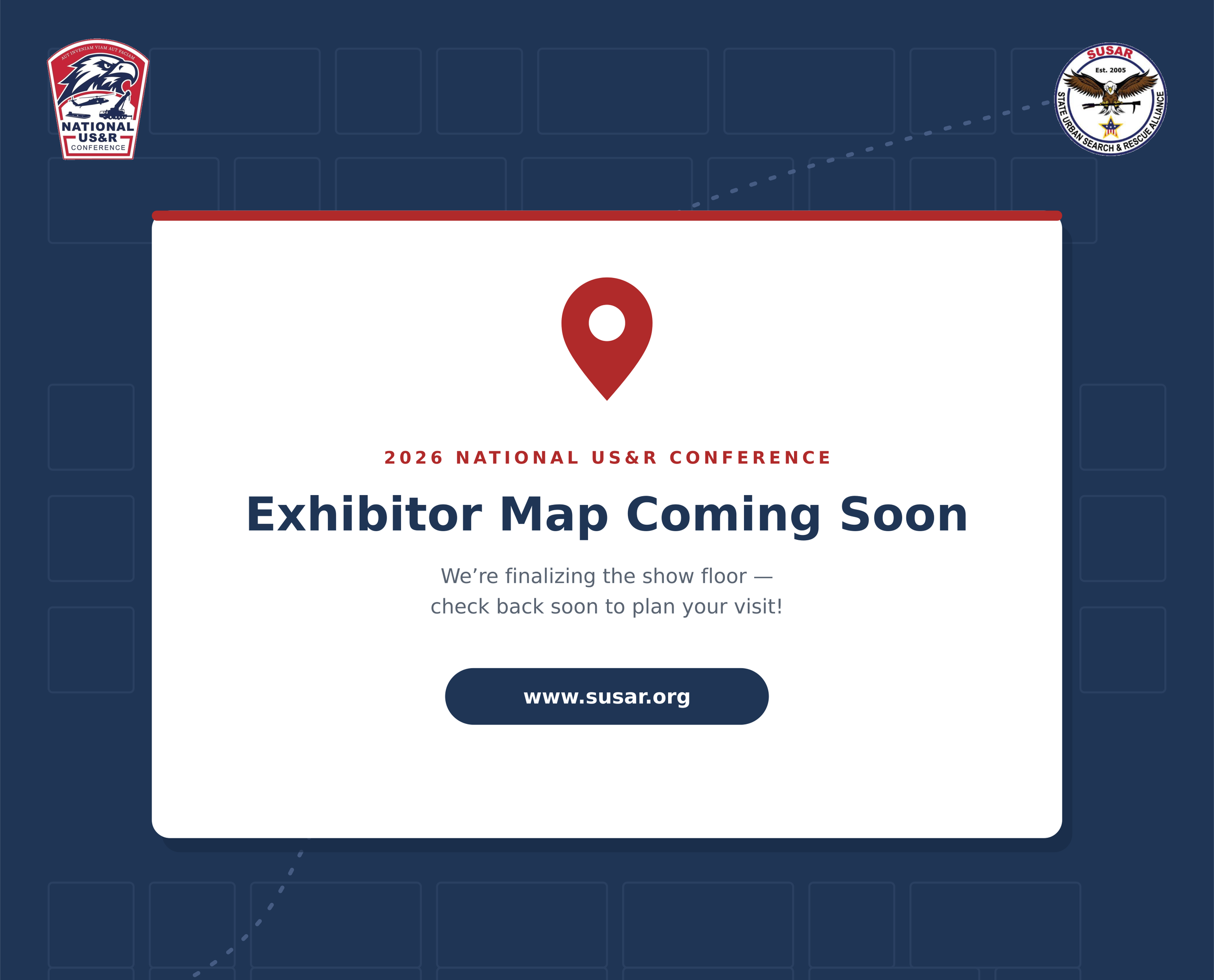 Conference website page with logos of US&R organizations, a map placeholder, and text stating 'Exhibitor Map Coming Soon' for the 2026 National US&R Conference.