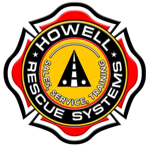 Logo of Howell Rescue Systems with a yellow circle featuring a black road icon and the words "Sales, Service, Training" inside. Surrounding the circle is a black ring with white text "Howell Rescue Systems" and stars, all on a red and white badge-shaped background.