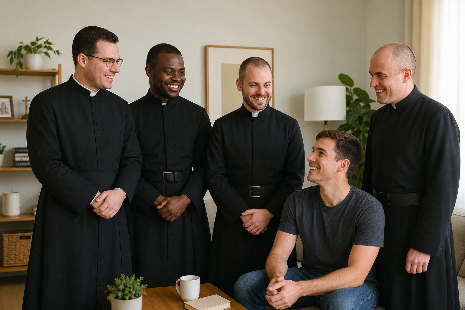Six men, four dressed as priests in black cassocks and two casually dressed, gathered indoors, smiling and engaging in conversation.