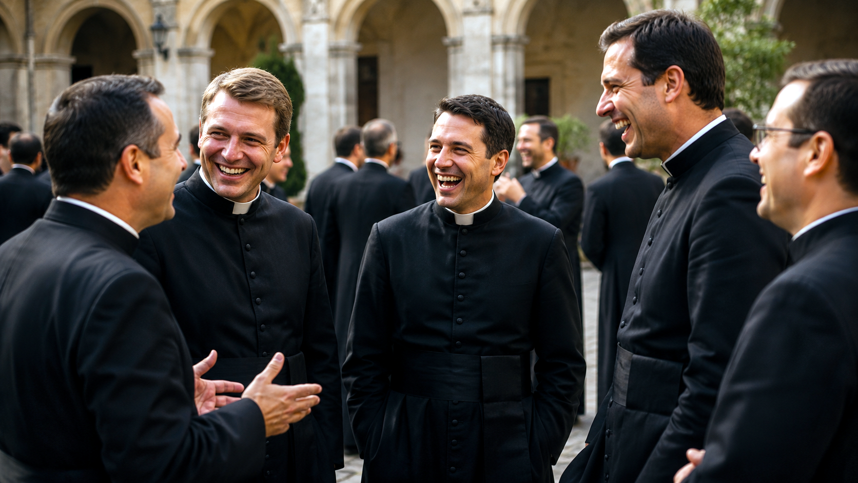 Group of priests in black clerical attire talking and laughing outdoors at a formal gathering.