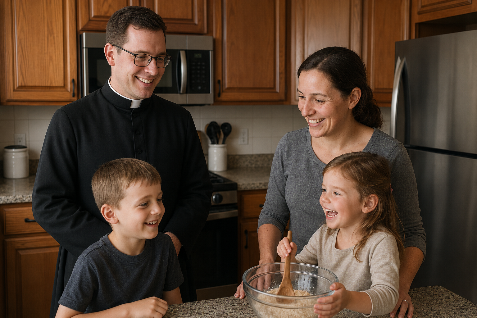 A priest, a woman, and two children laughing and baking together in a kitchen.
