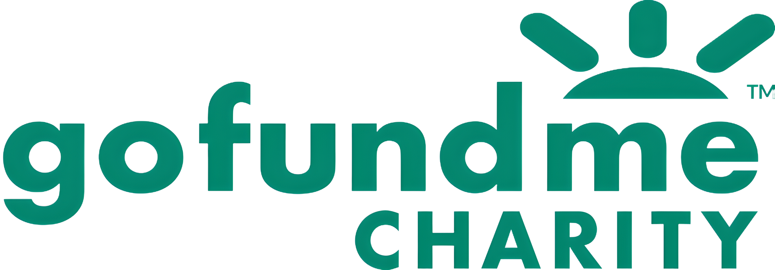 Gofundme logo with a teal stylized rising sun above the word 'go fund me' and the word 'CHARITY' underneath