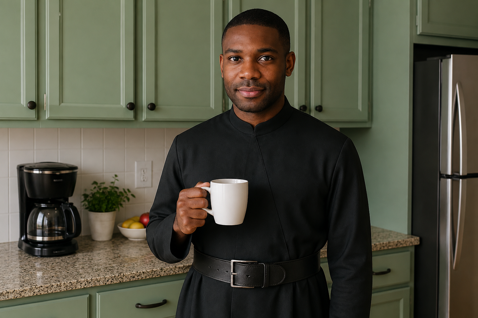 A man dressed in a black clerical or religious robe holding a white coffee mug in a kitchen with green cabinets, a coffee maker, a potted plant, and a bowl of fruit on the countertop.