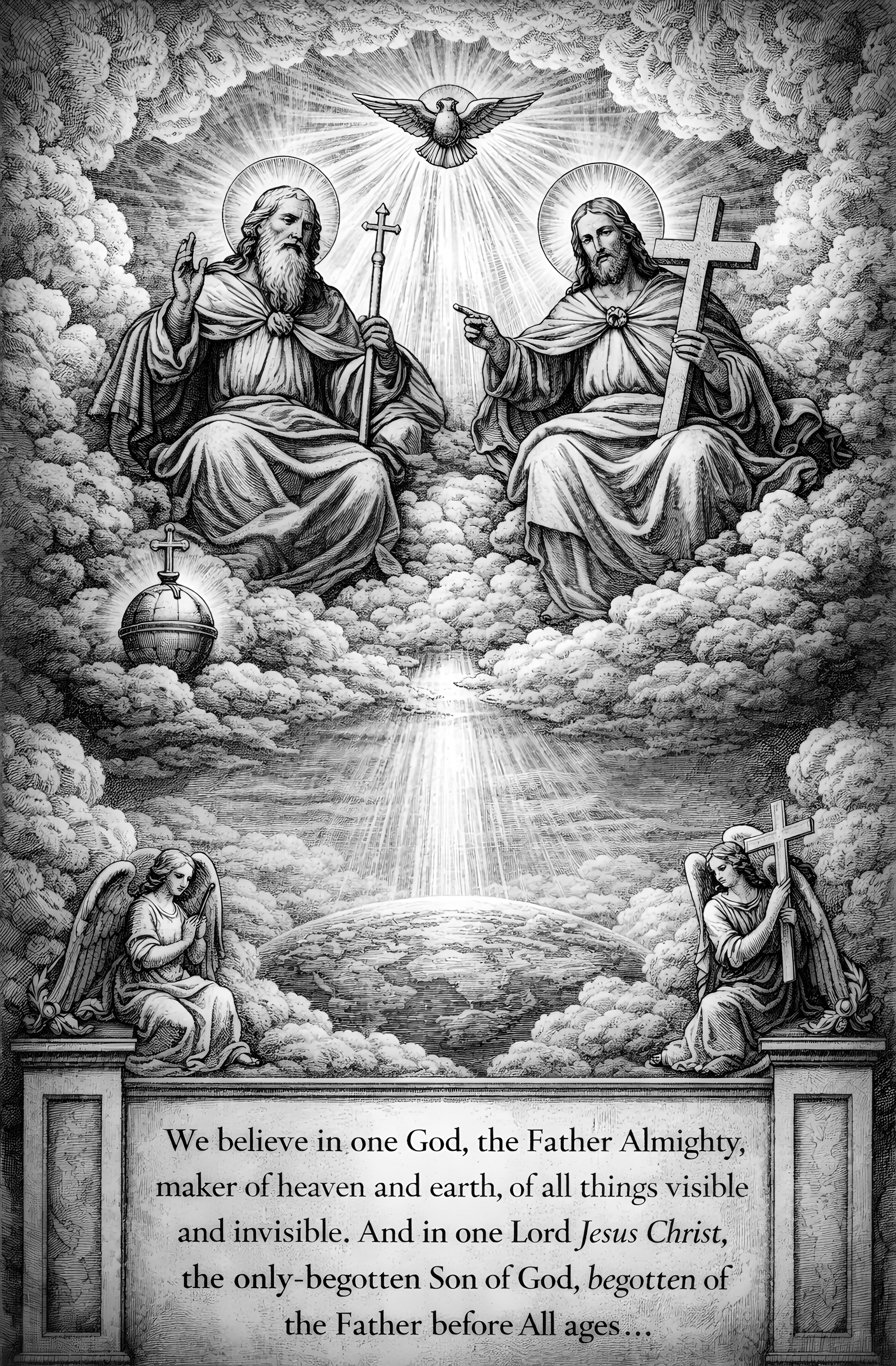 Black and white religious illustration depicting God, Jesus Christ, the Holy Spirit represented by a dove, angels, clouds, and a celestial scene. Jesus and God are seated on clouds with halos, surrounded by angels and divine light.