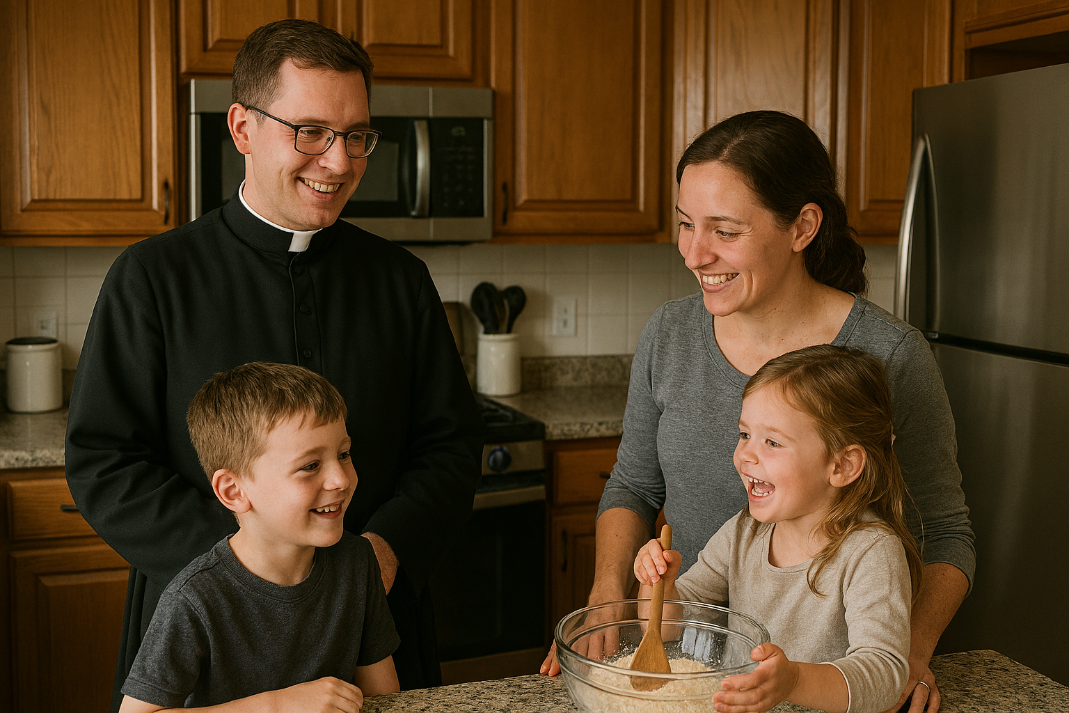 A Canon Regular of the Sacred Heart of Jesus in the kitchen with his wife and children
