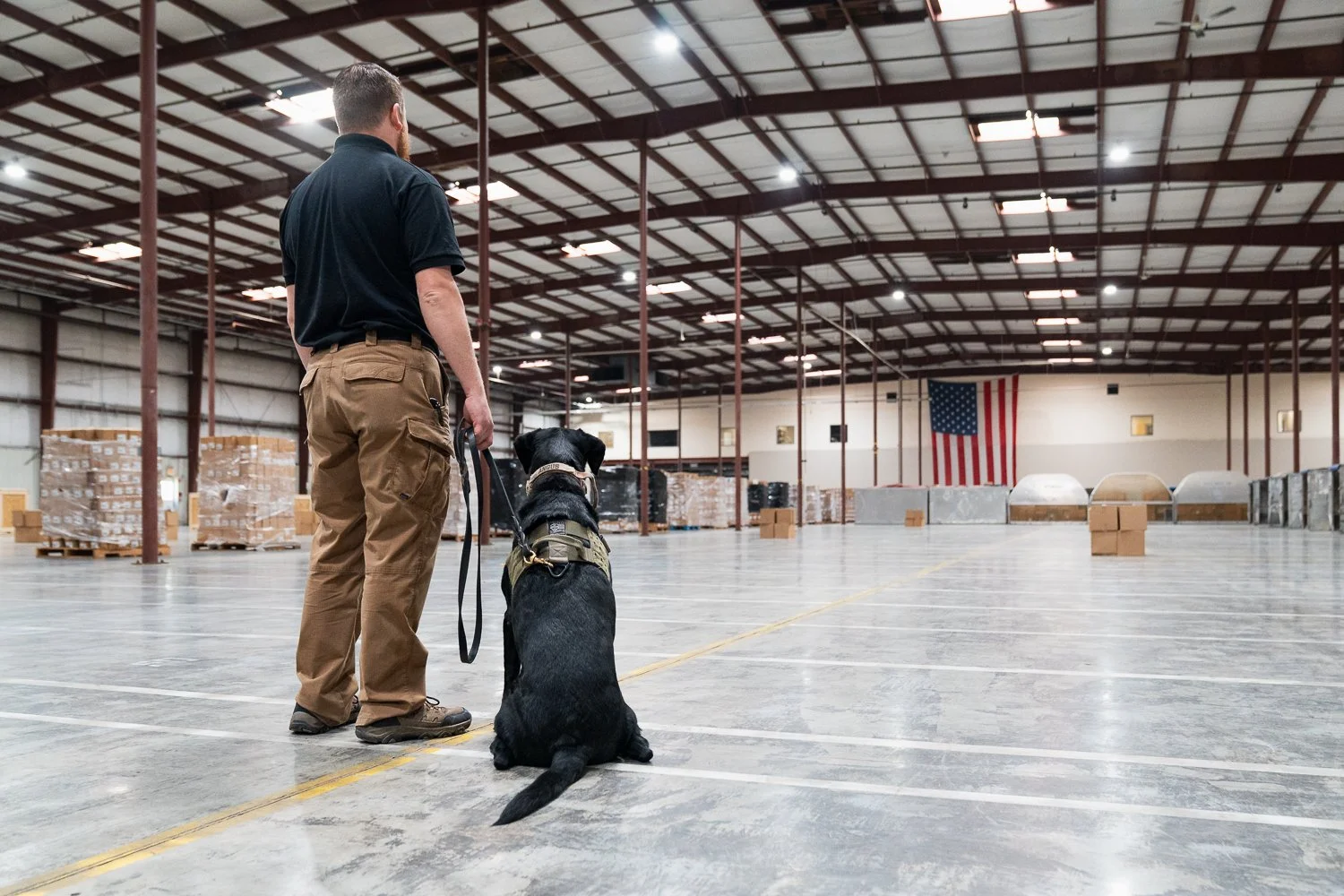 A GK9 handler stands beside a seated detection canine inside a large warehouse, both facing forward as they survey the space with an American flag hanging in the background.