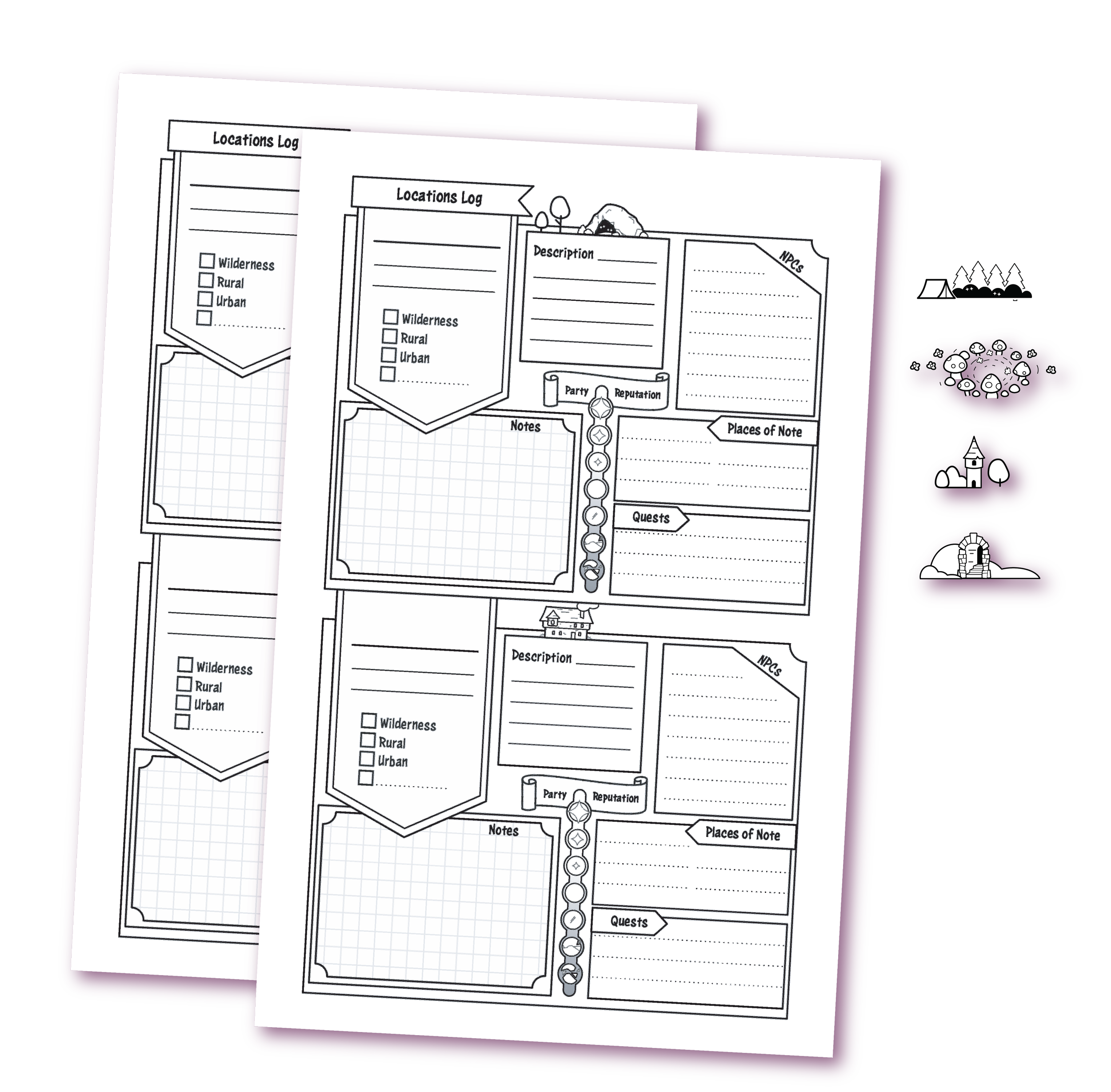 The locations log helps you to remember where you've been and what story points linger on in those locations. Several "set" assets were created to add some whimsy to this collection.