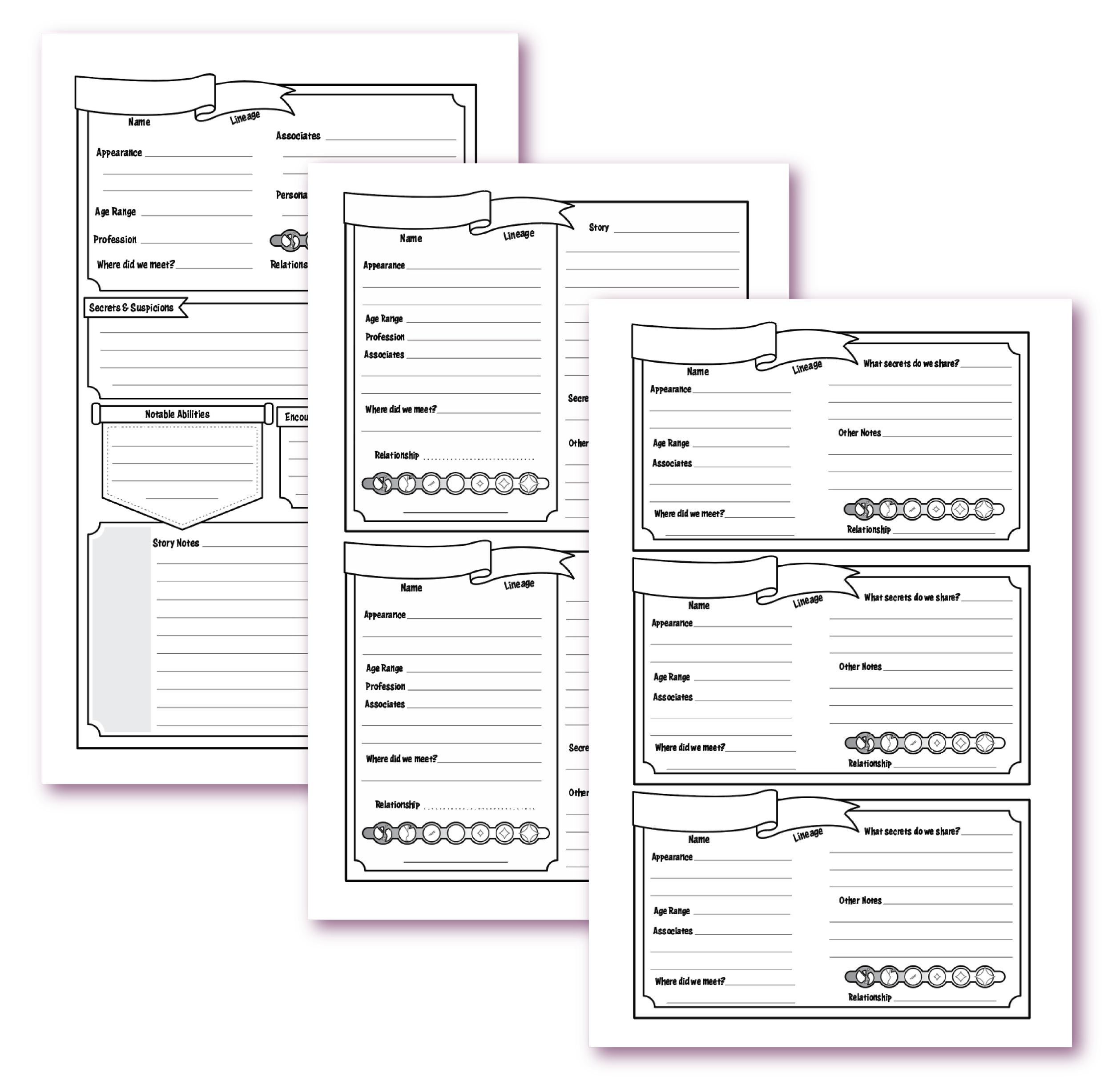 NPC Log, in 3 sizes: Major NPCs, Minor NPCs, and Major+ NPCs