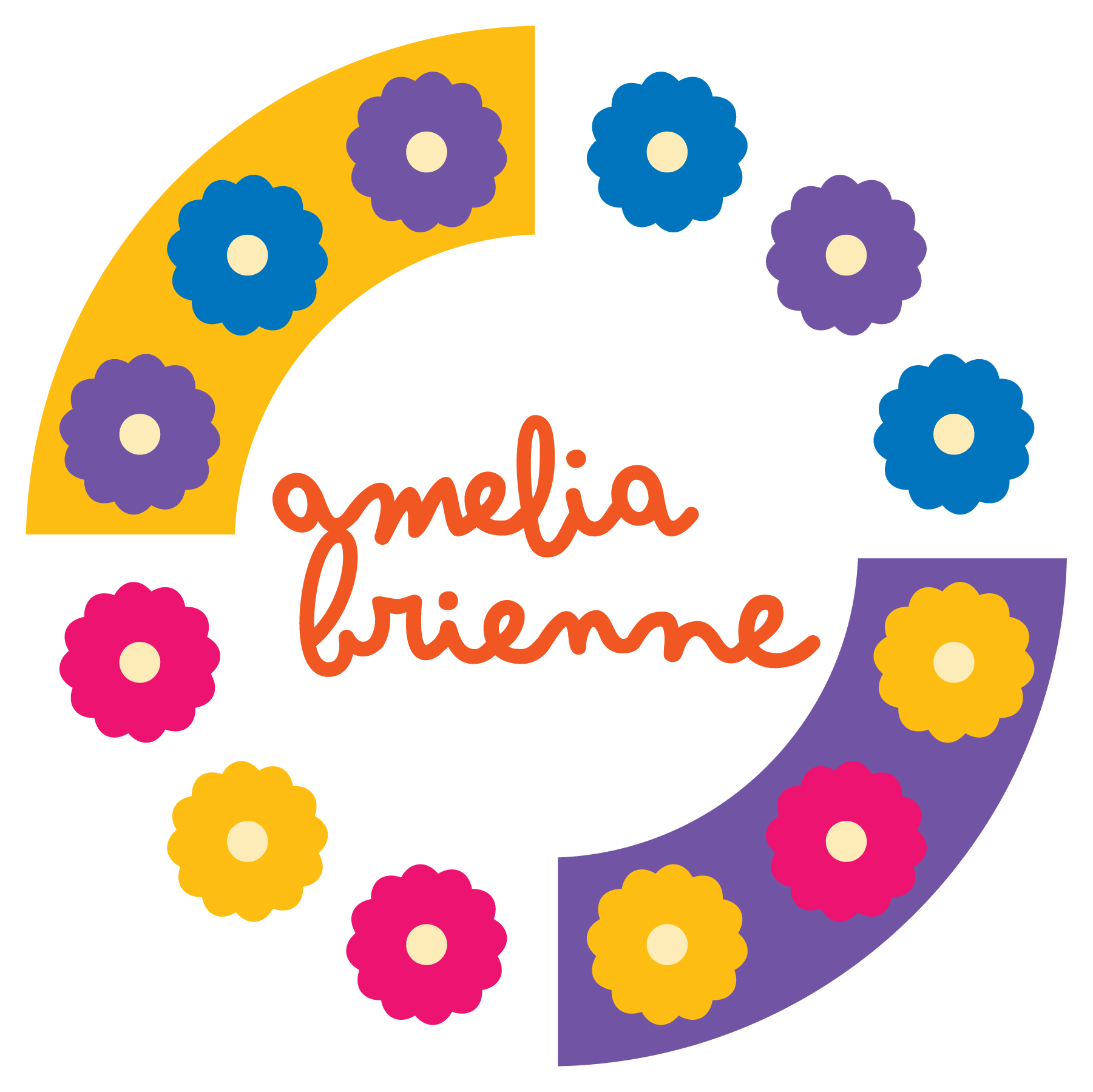 Stylized circular logo with the name 'Gmelia Briemme' in the center, surrounded by colorful flowers and curved blocks in yellow, purple, pink, and blue.