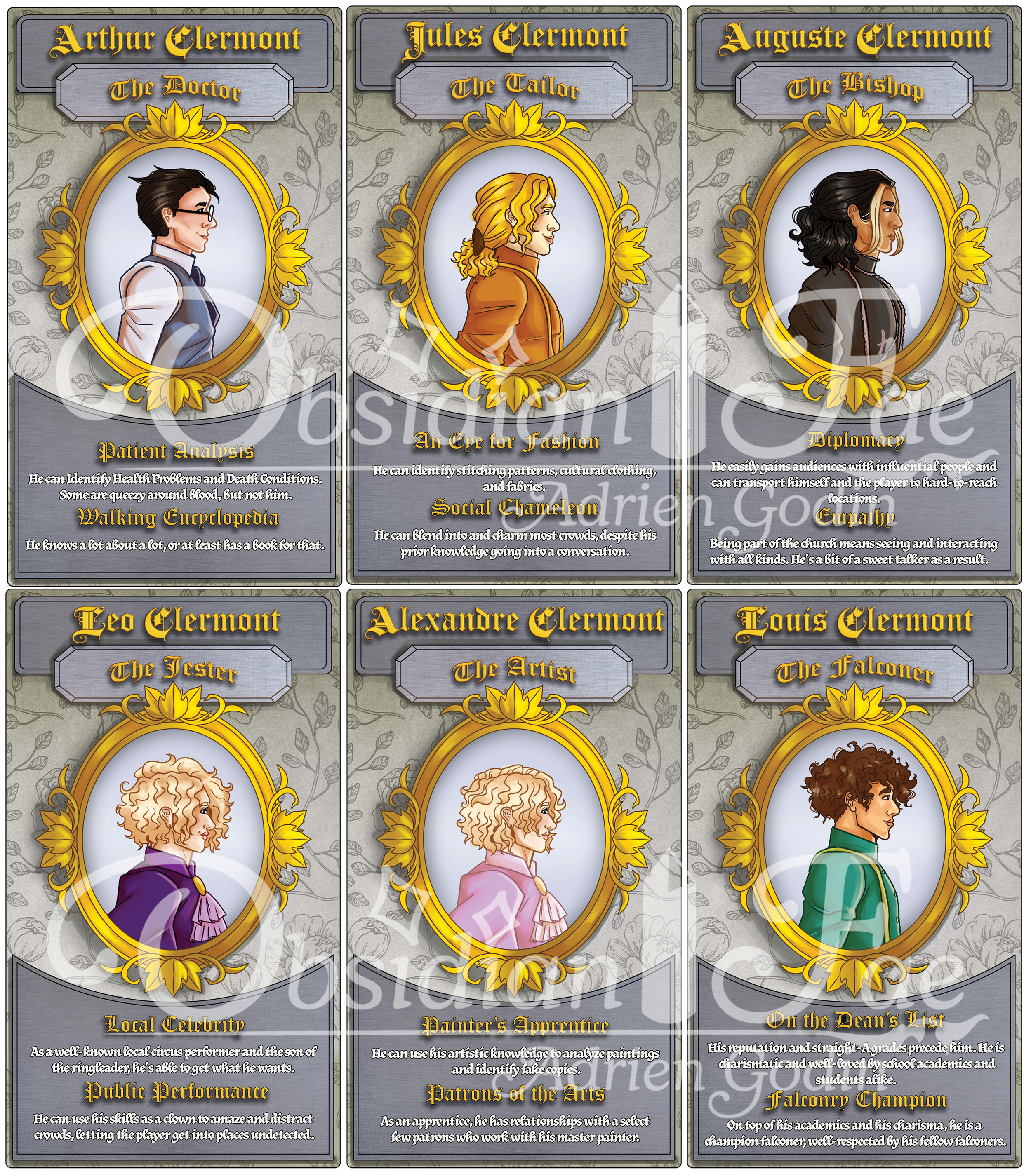 A collection of six illustrated profile portraits of fictional characters, each within a decorative gold oval frame, with names, titles, and descriptions underneath. The characters include Arthur Clermont, Jules Clermont, Auguste Clermont, Leo Clermont, Alexandre Clermont, and Louis Clermont, each with unique roles and traits such as doctor, tailor, bishop, jester, artist, and falconer.