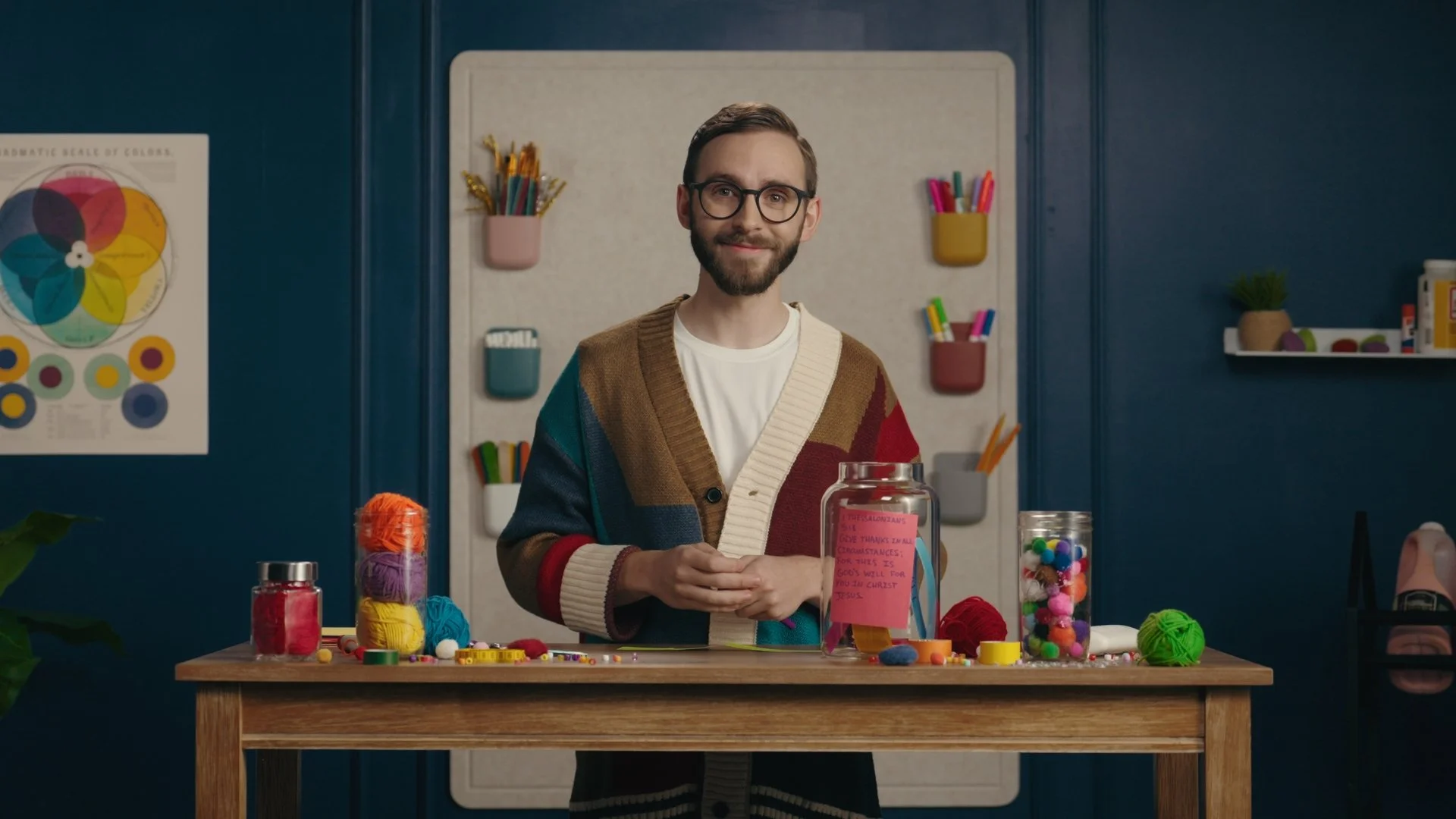 A man with glasses and a beard, wearing a multicolored cardigan, stands behind a wooden table with colorful yarn, pom-poms, and crafting supplies in a creative workspace.