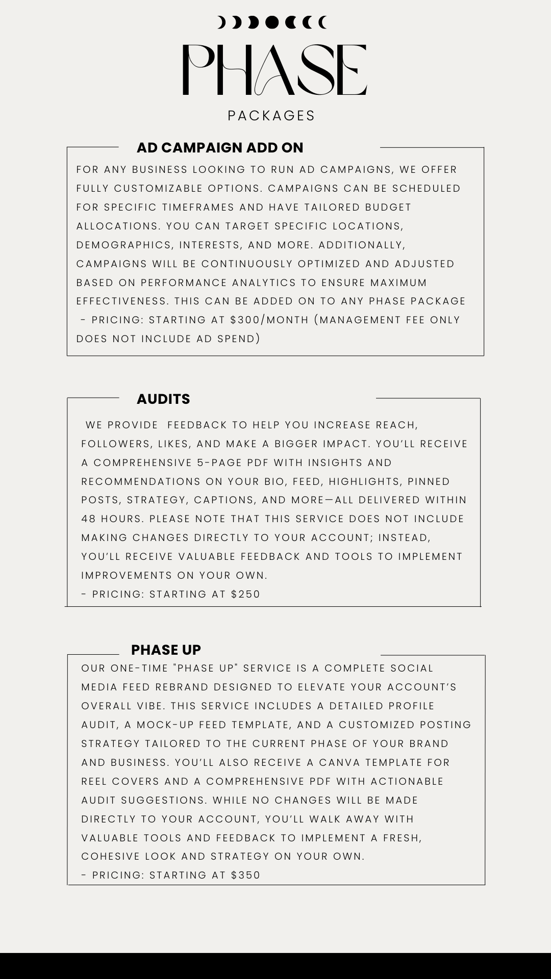 A marketing flyer for 'Phase Packages' with three service options: 'Ad Campaign Add On,' 'Audits,' and 'Phase Up.' The flyer features a minimalistic design with black text on a light background, and a black border at the bottom.