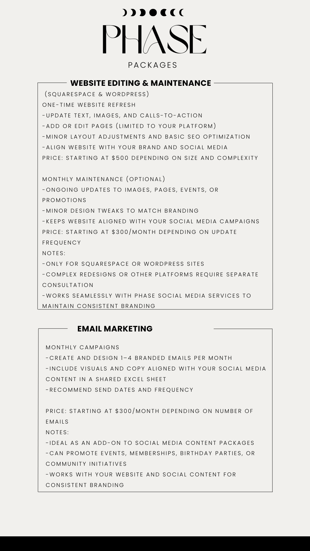 A price list for Phase Packages, including Website Editing & Maintenance and Email Marketing services, with details on pricing, options, and notes.