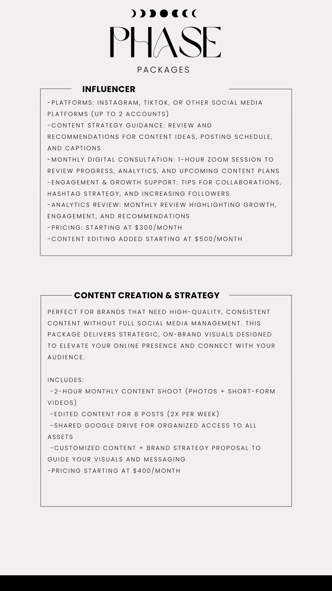 A promotional flyer for Phase Packages offering influencer and content creation services, with details on social media platforms, content strategy, consultation, pricing, and features included.