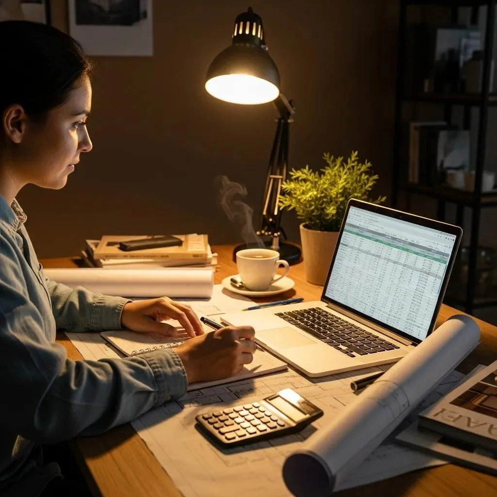 Person reviewing custom home design budget with architectural plans