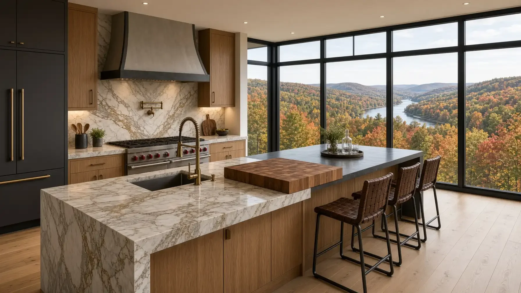 Modern custom chef kitchen overlooking the Hudson River Valley with waterfall quartzite island, professional range, and integrated butcher block.