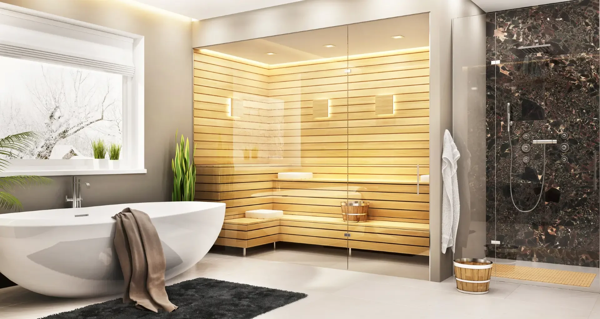 modern luxury home primary bathroom with a suana
