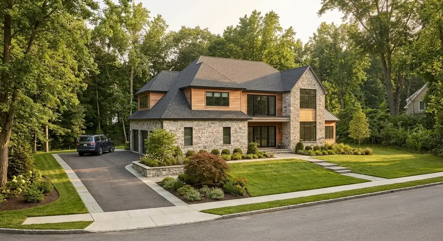 Luxury custom home with stone and wood exterior, spacious driveway, and mature landscaping in a scenic Hudson Valley neighborhood