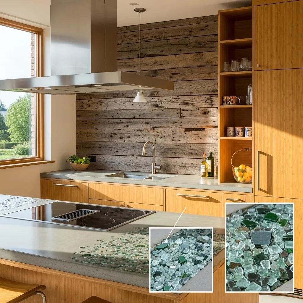 Eco-friendly building materials and energy-efficient appliances in a modern kitchen